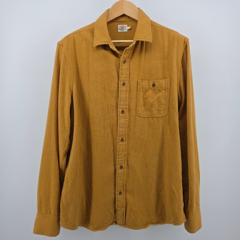 Faherty Shirt Mens Large Mustard Yellow Brushed Organic Cotton Stretch Large